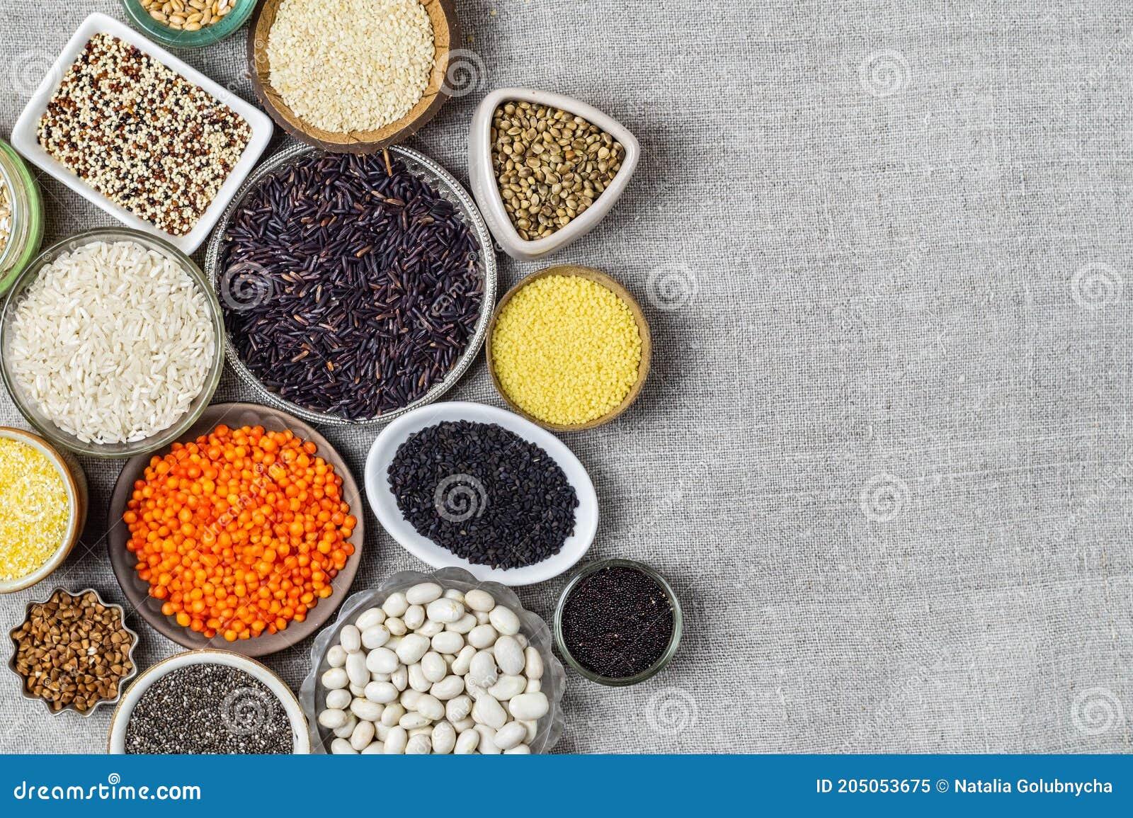 Food Background of Various Cereals and Grains in Plates on a Canvas ...