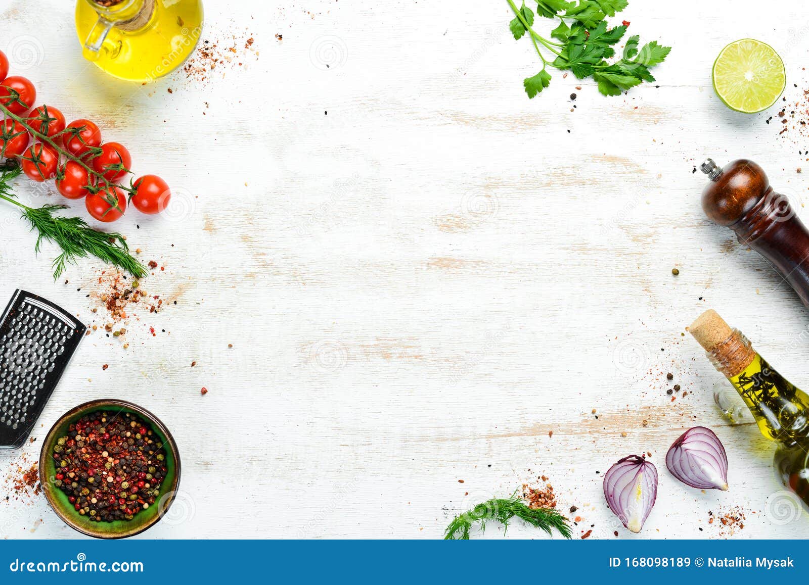 Food Banner. Spices, Vegetables and Herbs on a White Wooden Background. Top  View Stock Image - Image of cuisine, stone: 168098189