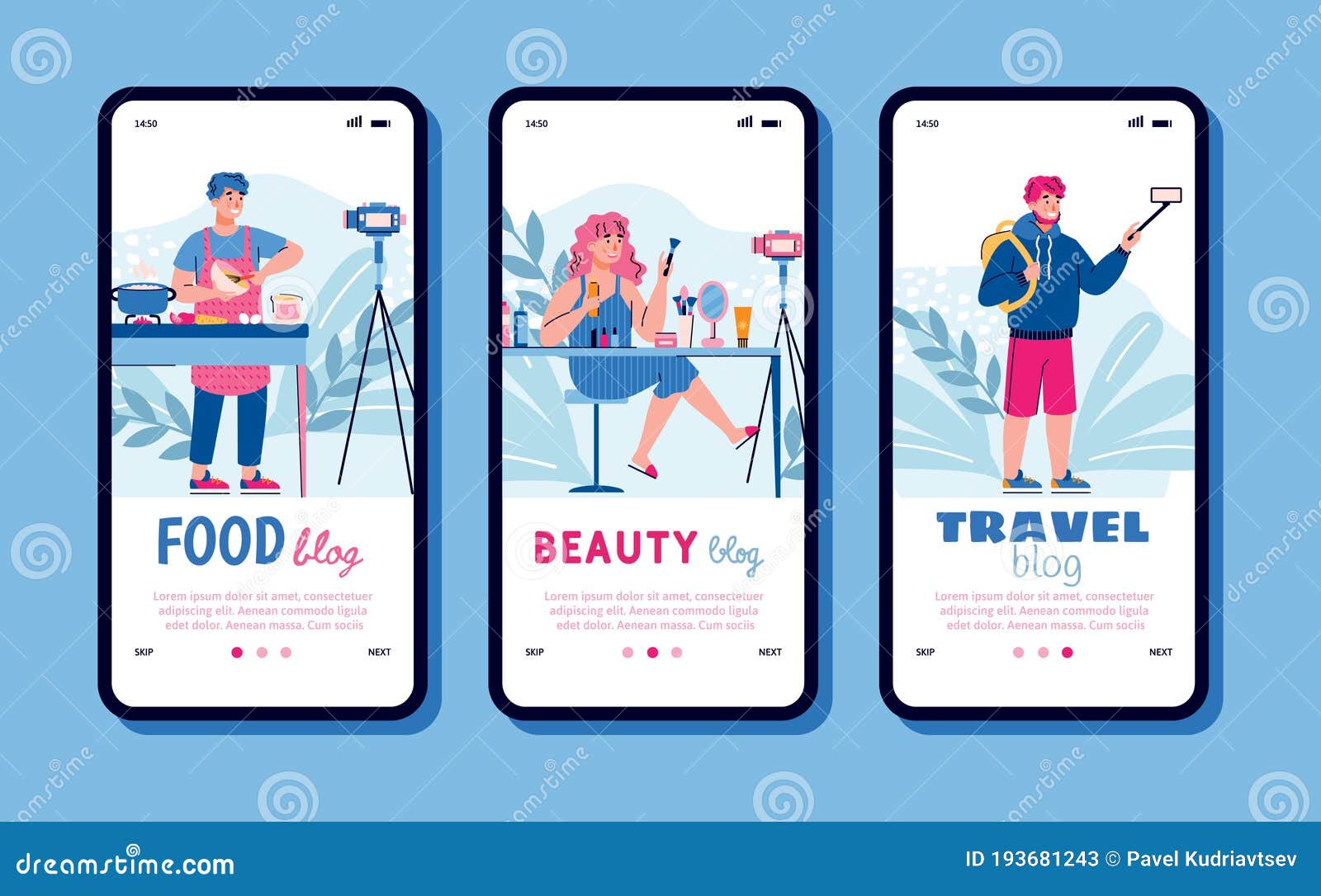 Food, Beauty and Travel Blogger Mobile App Set - Cartoon People Stock  Vector - Illustration of template, concept: 193681243
