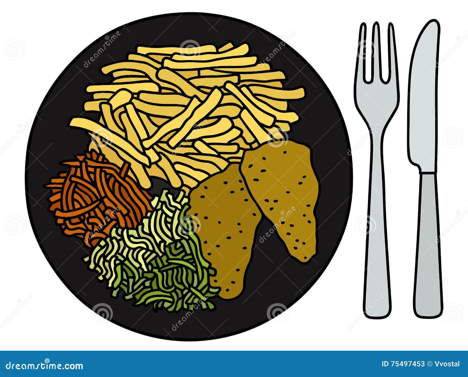 Food on a black plate stock vector. Illustration of seitan 75497453