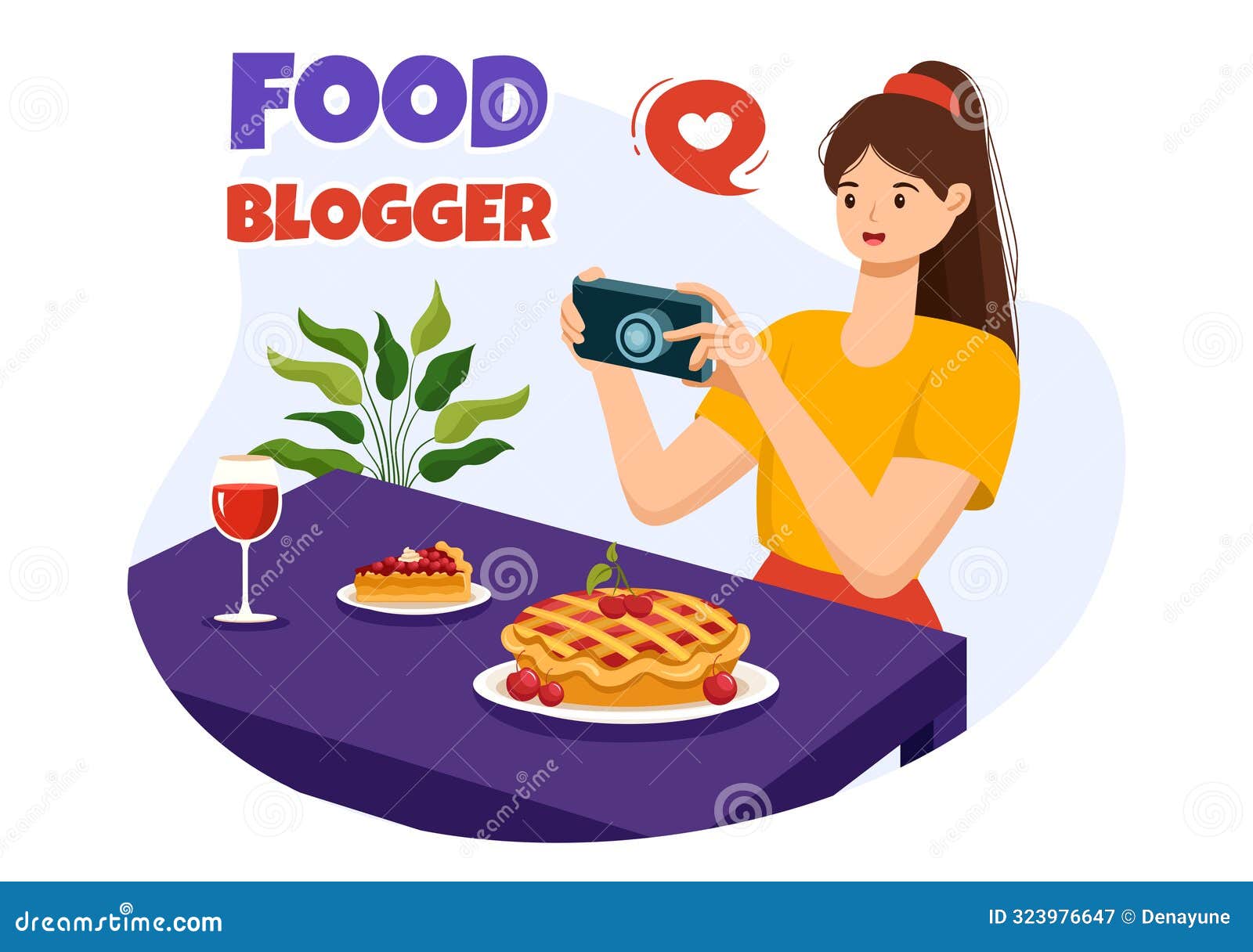 food blogger   featuring influencer reviewing and sharing on the blog at a restaurant in flat style cartoon