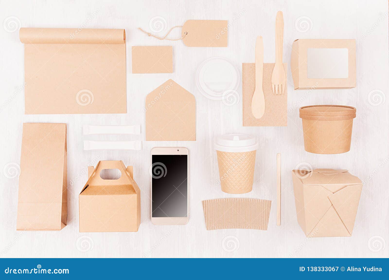 Download Food Branding Identity Mockup In Light Modern Style Blank Screen Phone Cup Packet Box Label Card Container Of Brown Paper Stock Image Image Of Packet Pack 138333067