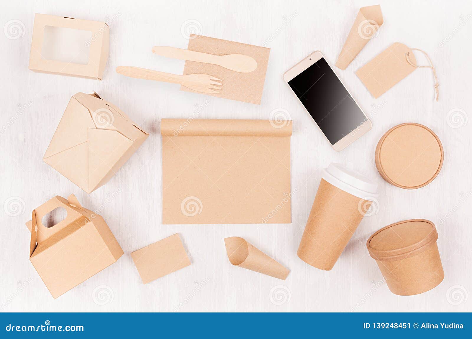 Download Food Branding Identity Mockup In Light Modern Style Blank Screen Phone Cup Packet Box Label Card Container Of Brown Paper Stock Image Image Of Identity Soup 139248451