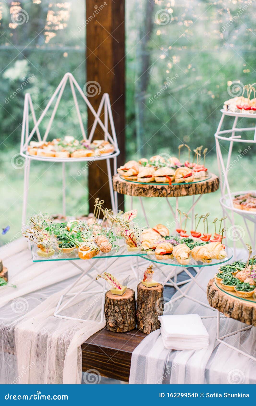 Food Buffet in Restaurant Outdoors in Rustic Eco Style, Snacks on the Glass  and Wooden Stands, Concept Catering Stock Photo - Image of arrangement,  dinner: 162299540