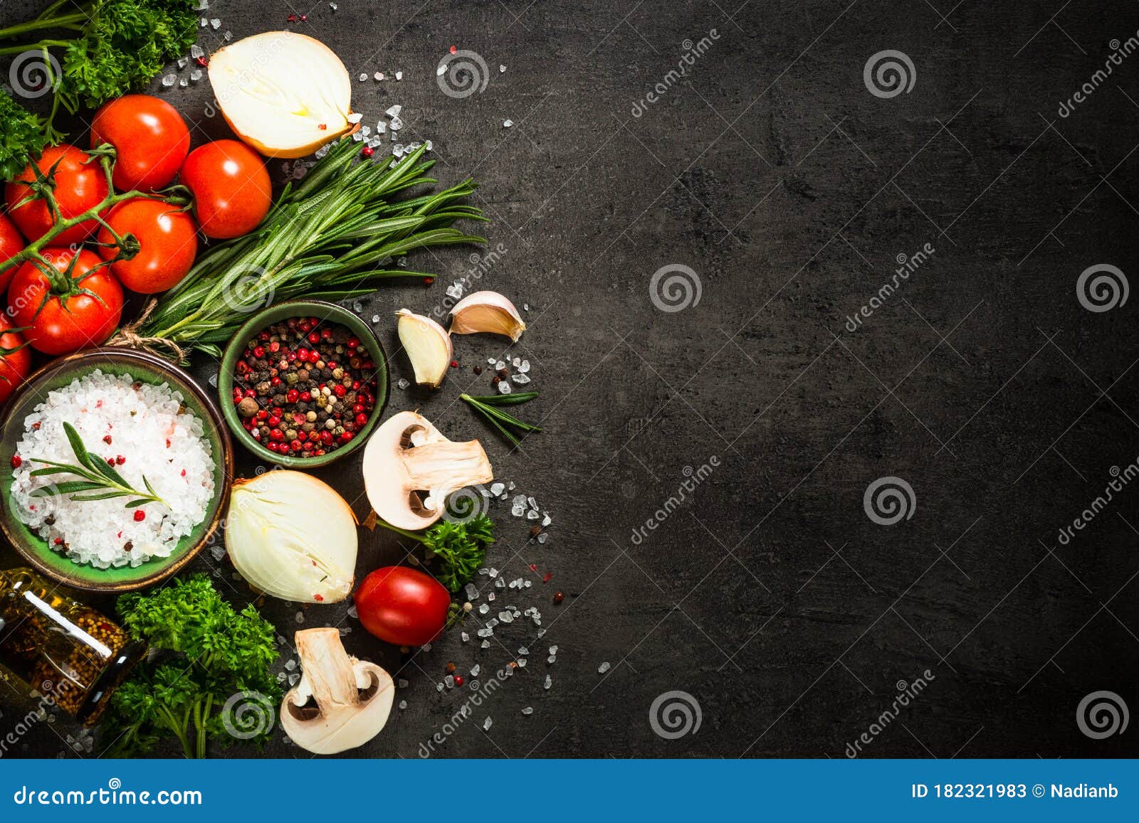 Food Cooking Background on Black Kitchen Table. Stock Image - Image of ...