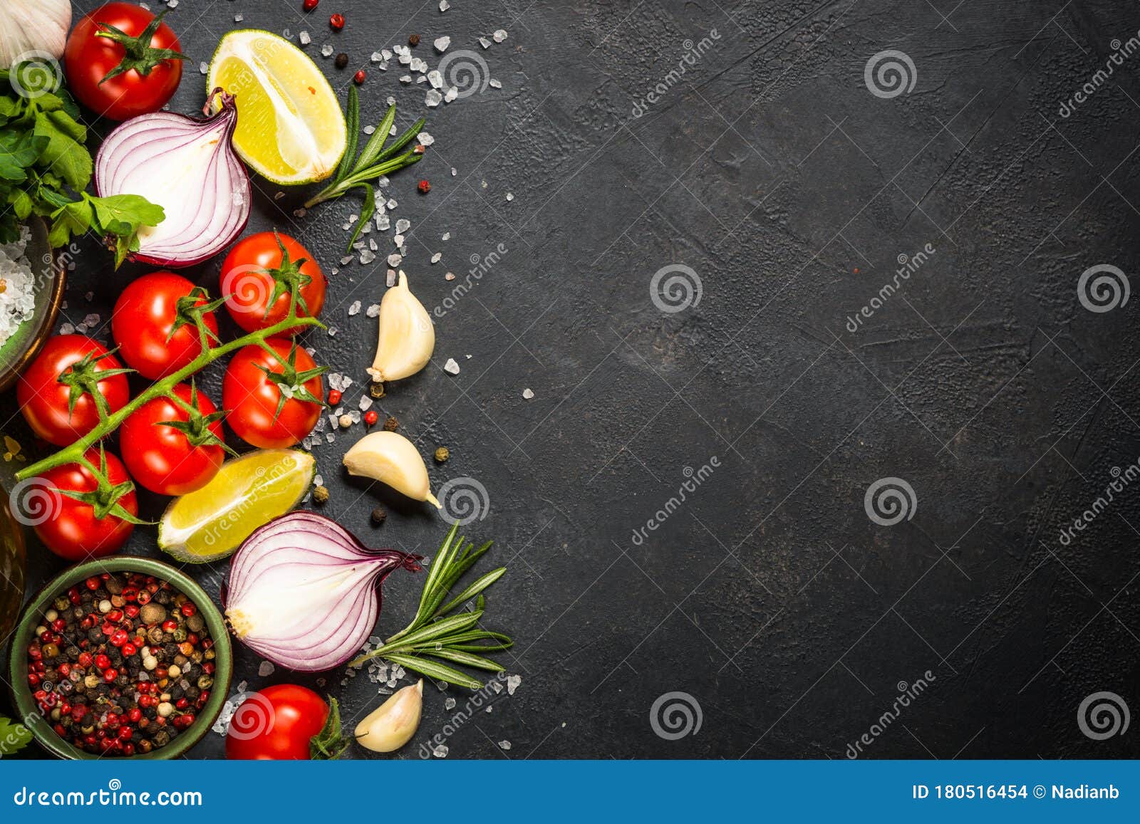 Food Cooking Background on Black Table. Stock Photo - Image of greens ...