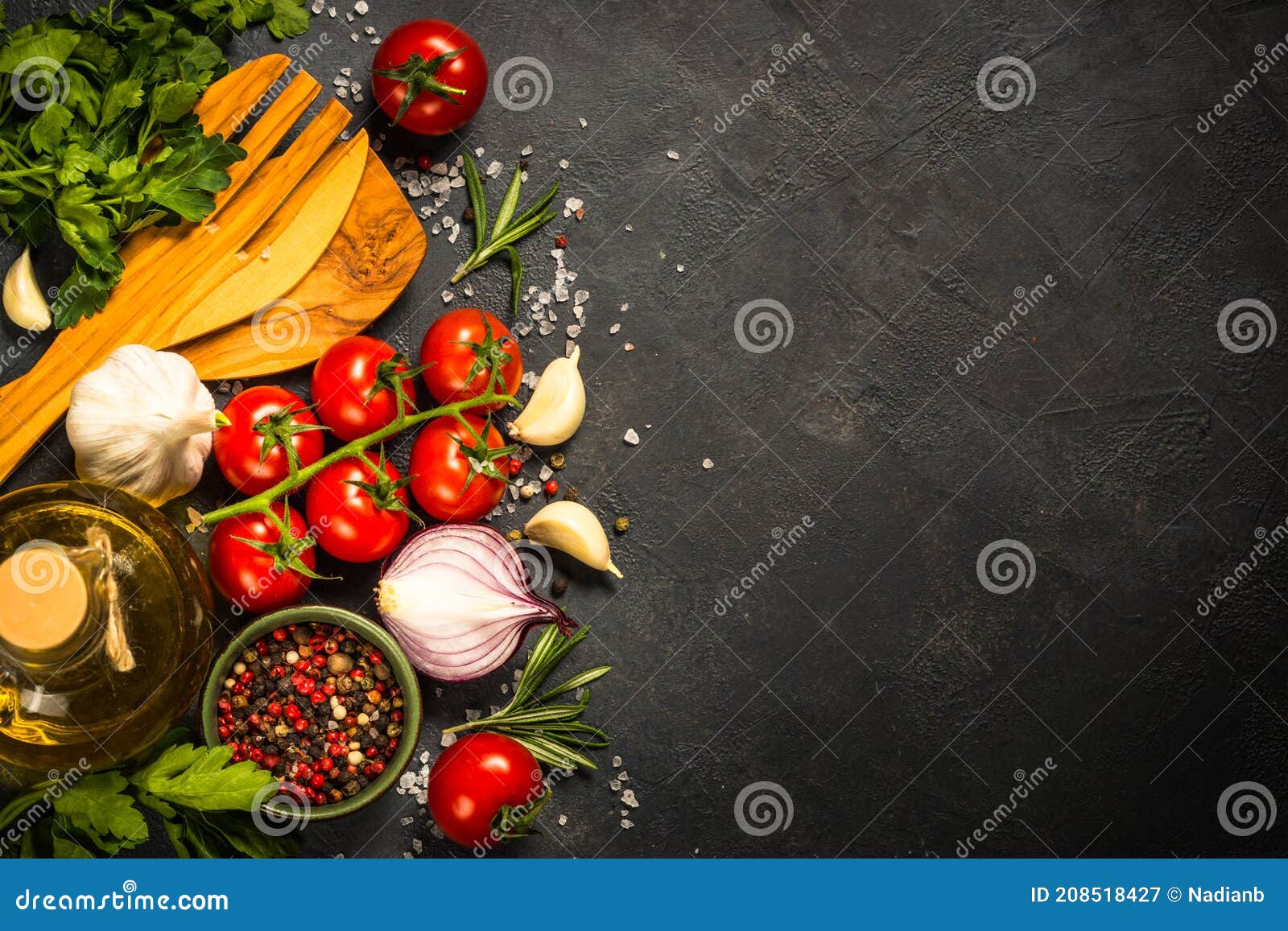 Food Cooking Background on Black Table. Stock Image - Image of menu ...