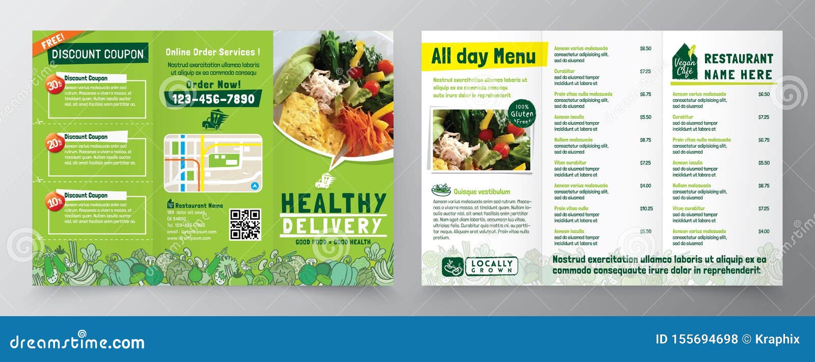 food delivery flyer pamphlet brochure  template in a4 size tri fold. healthy meal, restaurant menu template