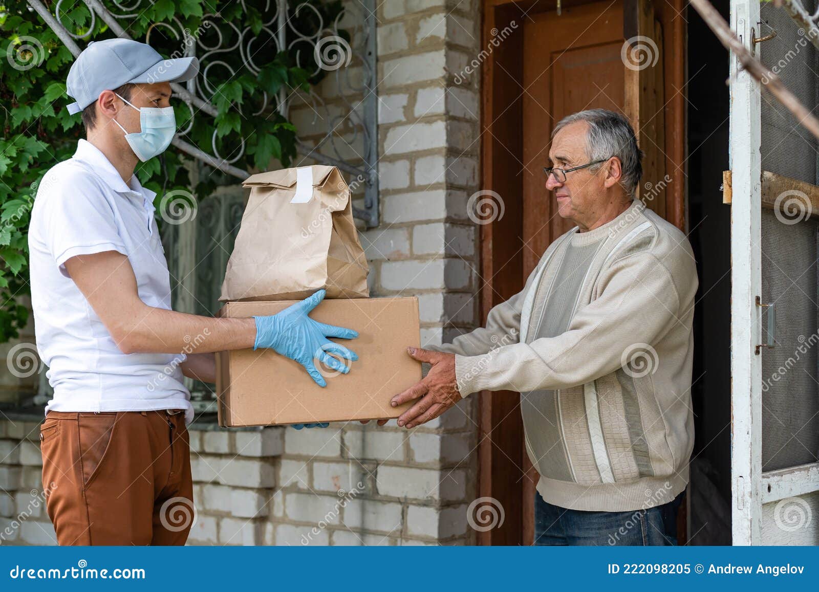 Food Delivery Man To an Elderly Man Stock Image Image of lifestyle