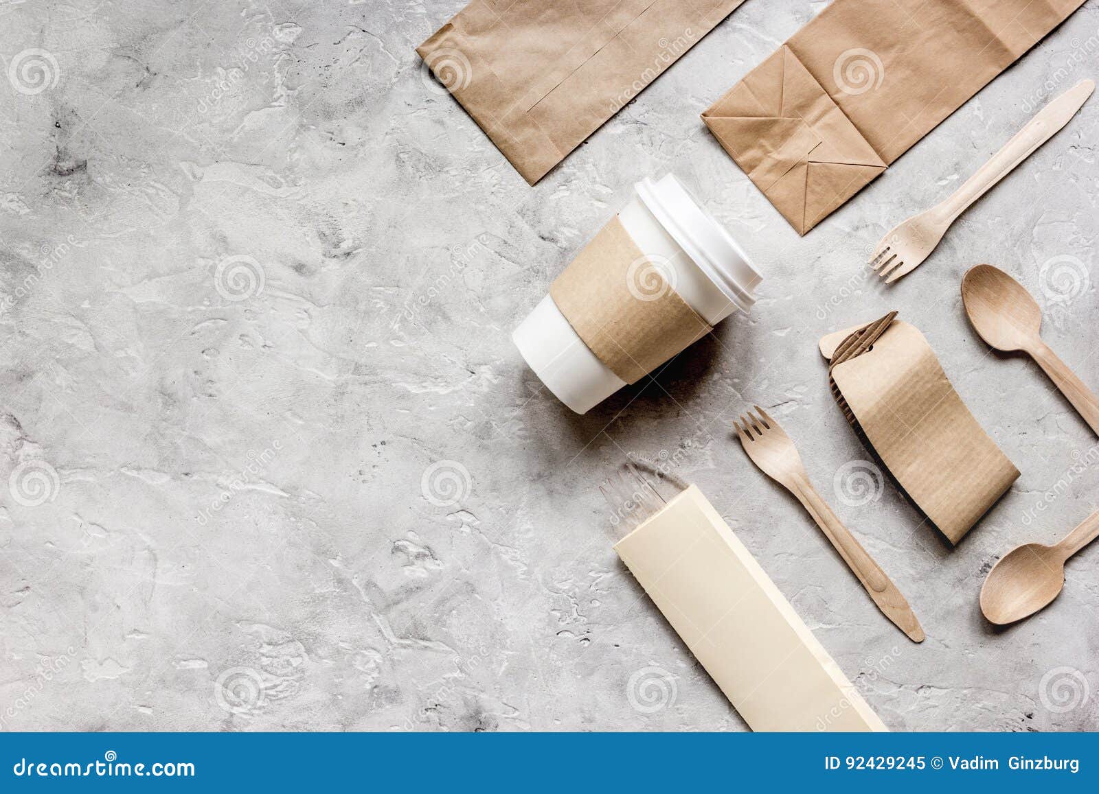 Food Delivery With Paper Bags And Plastic Cup On Stone Table Background Top View Mockup Stock ...