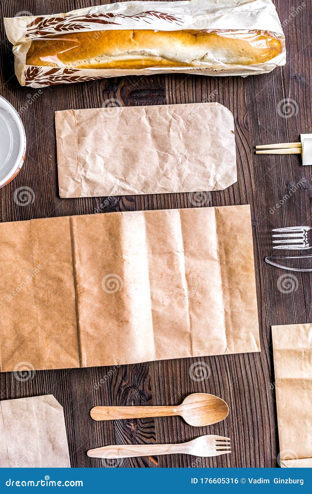 Download Food Delivery With Paper Bags And Sandwich Top View Mock Up Stock Photo - Image of package ...
