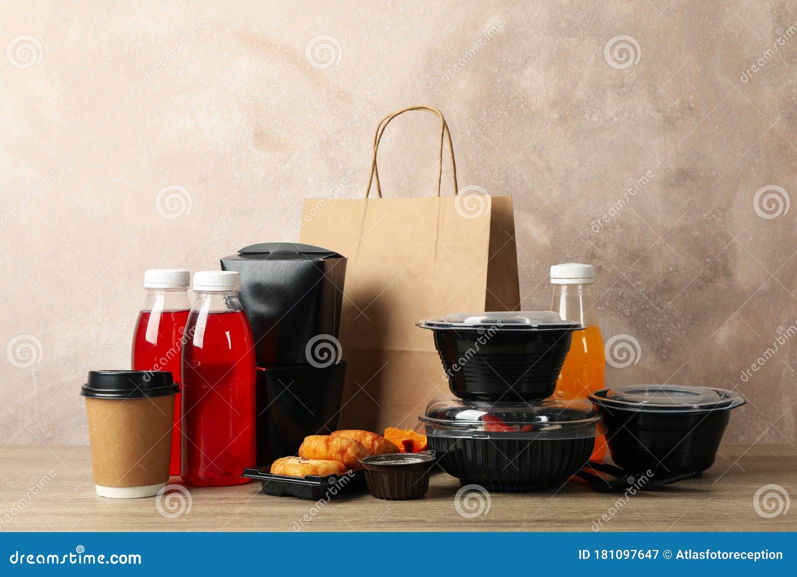 Food Delivery Food in Takeaway Boxes on Wooden Table Stock Image