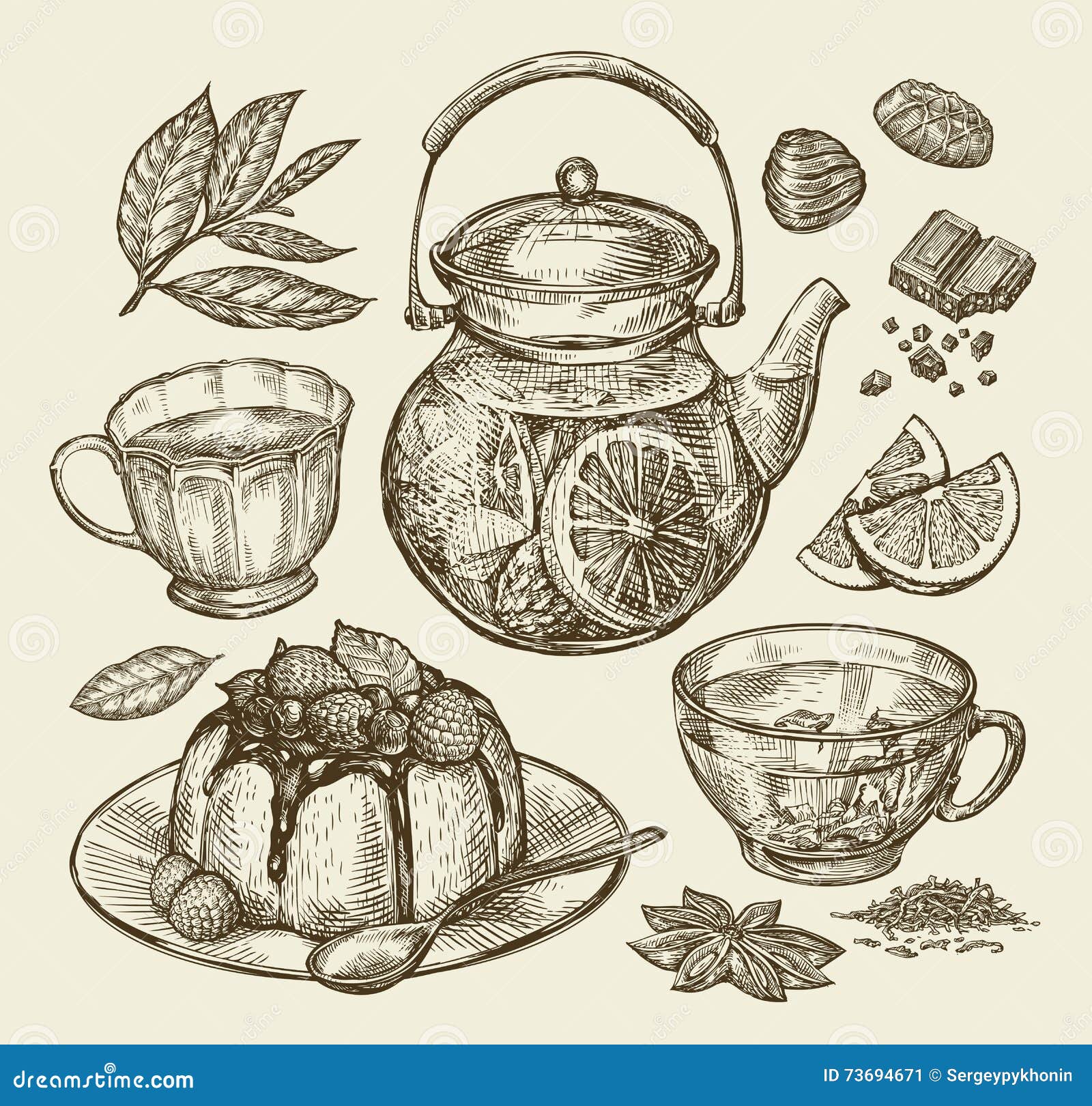 Download Food, Dessert, Drinks. Hand Drawn Teapot, Tea, Coffee, Cup, Pie, Pasty, Cake. Sketch Vector ...