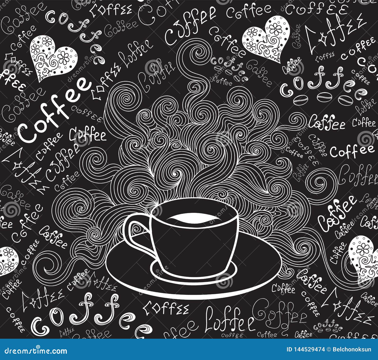 Food and Drink Vector Seamless Pattern with Coffee Cup and Words