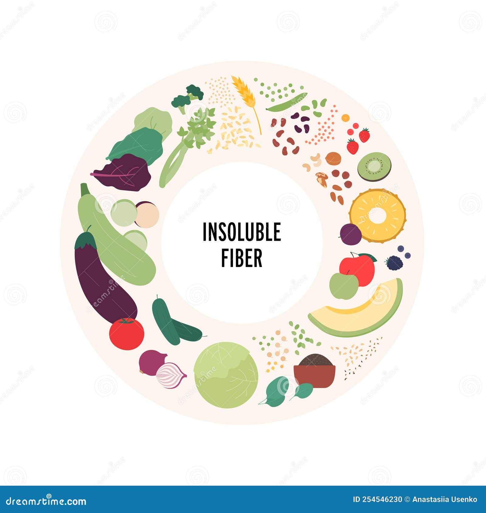 food guide for healthy eating concept.  flat  various insoluble fiber sources products colorful  in circle frame