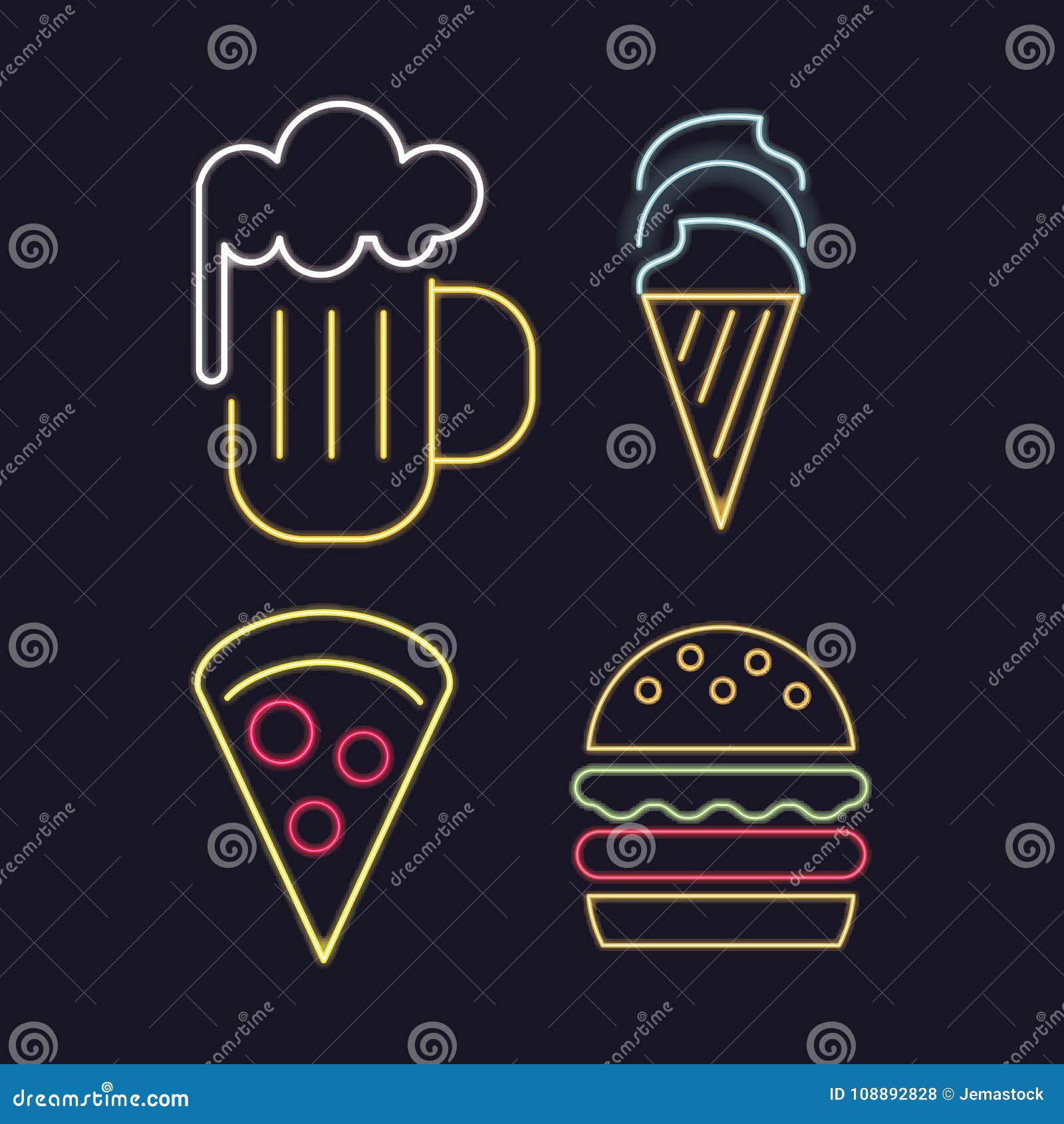 Food icons neon lights stock vector. Illustration of event - 108892828