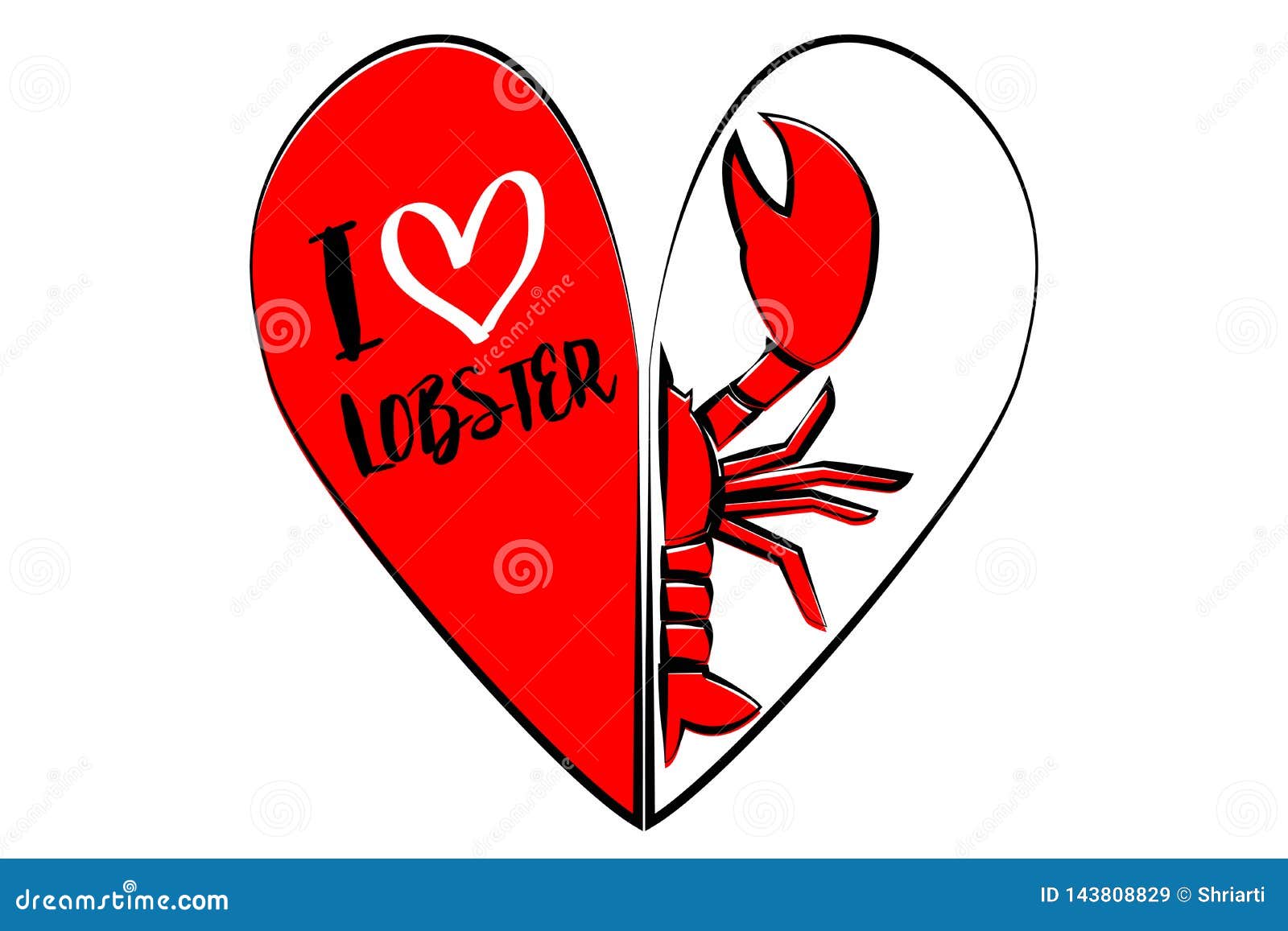Half Lobster. Cartoon Red Lobster Inside Heart. Restaurant Vector Logo