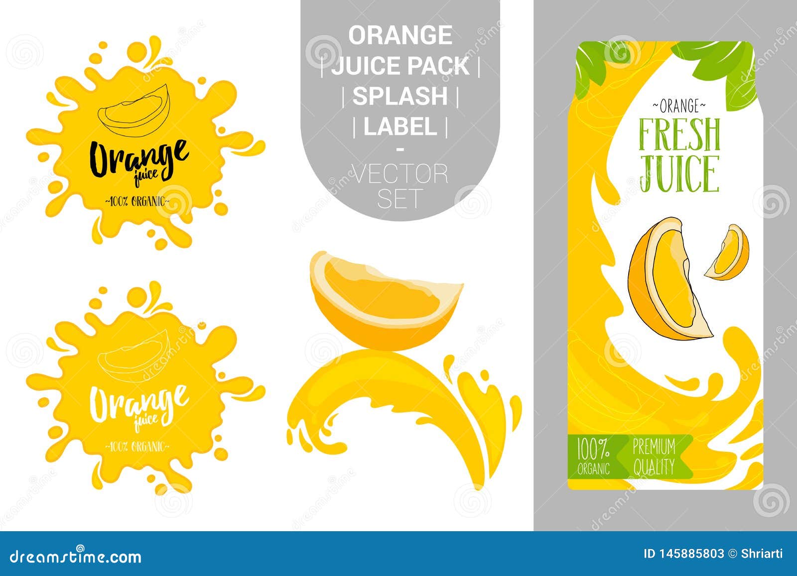 Orange on Juice Splash. Fresh Citrus Juice Pack with Organic Labels