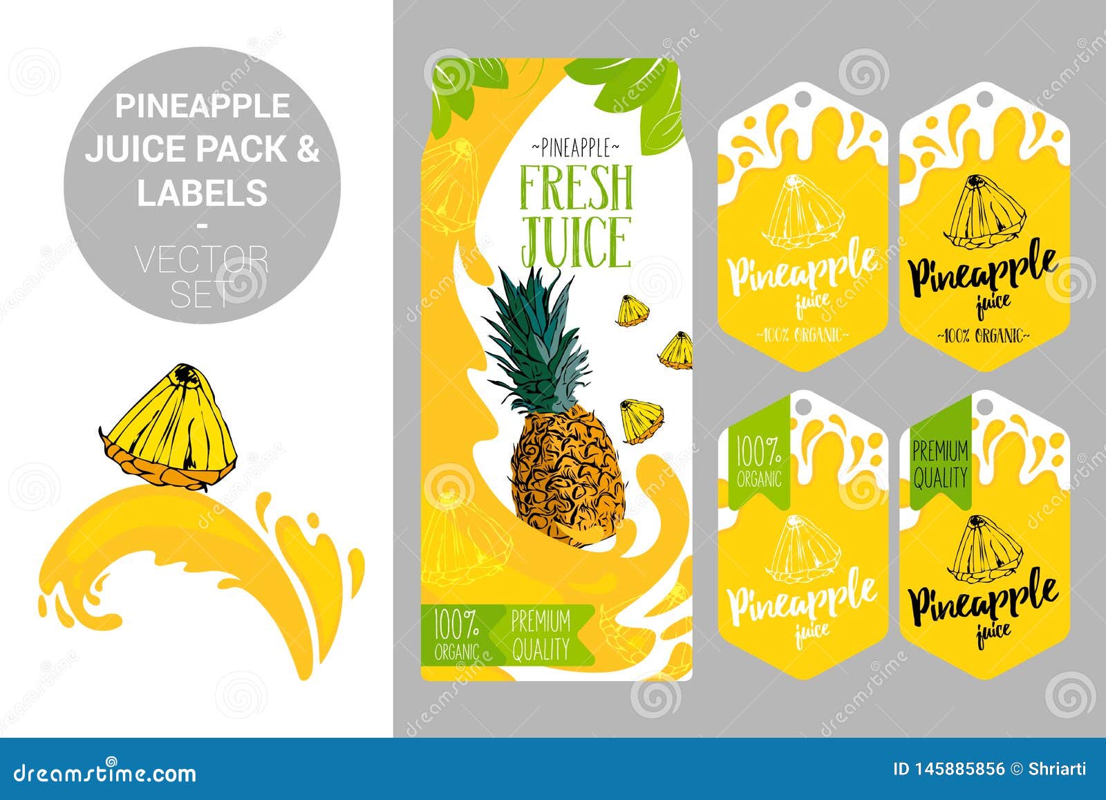 Pineapple Juice Pack and Organic Fruit Labels Tags. Colorful Tropical