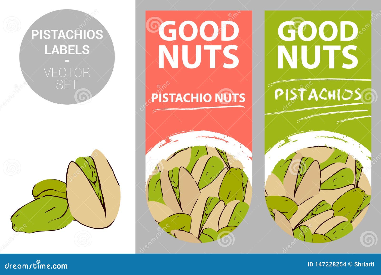 Pistachios Labels With Green Elements. Cartoon Drawn Pistachio Nuts