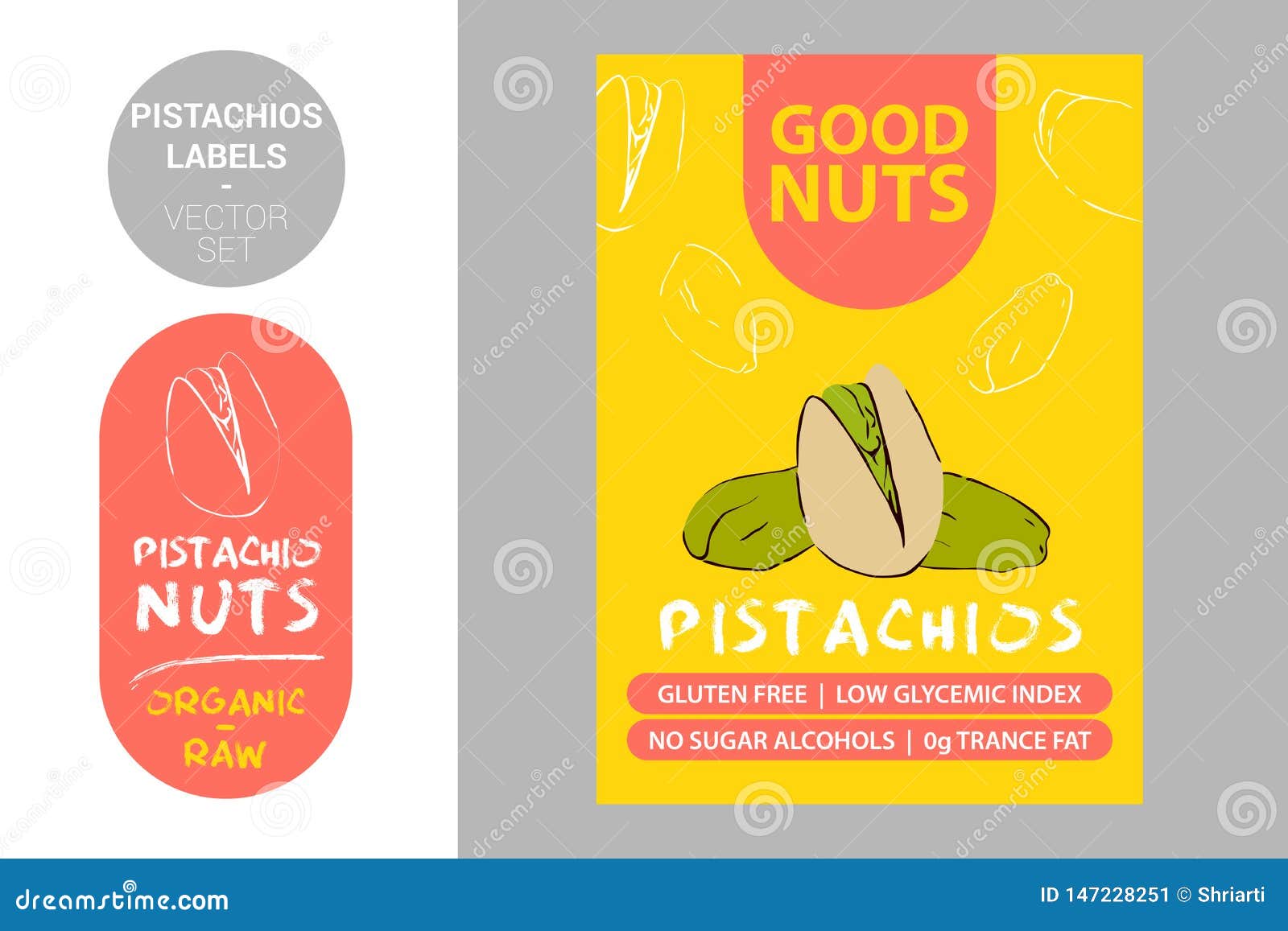 Pistachio Nuts Labels With Brush Stroke Elements. Cartoon Drawn