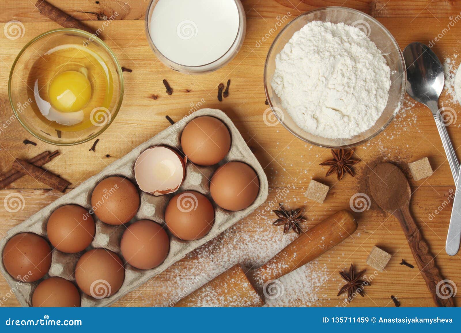 Food Ingredients For Baking Flour, Eggs, Milk, Sugar Stock Image