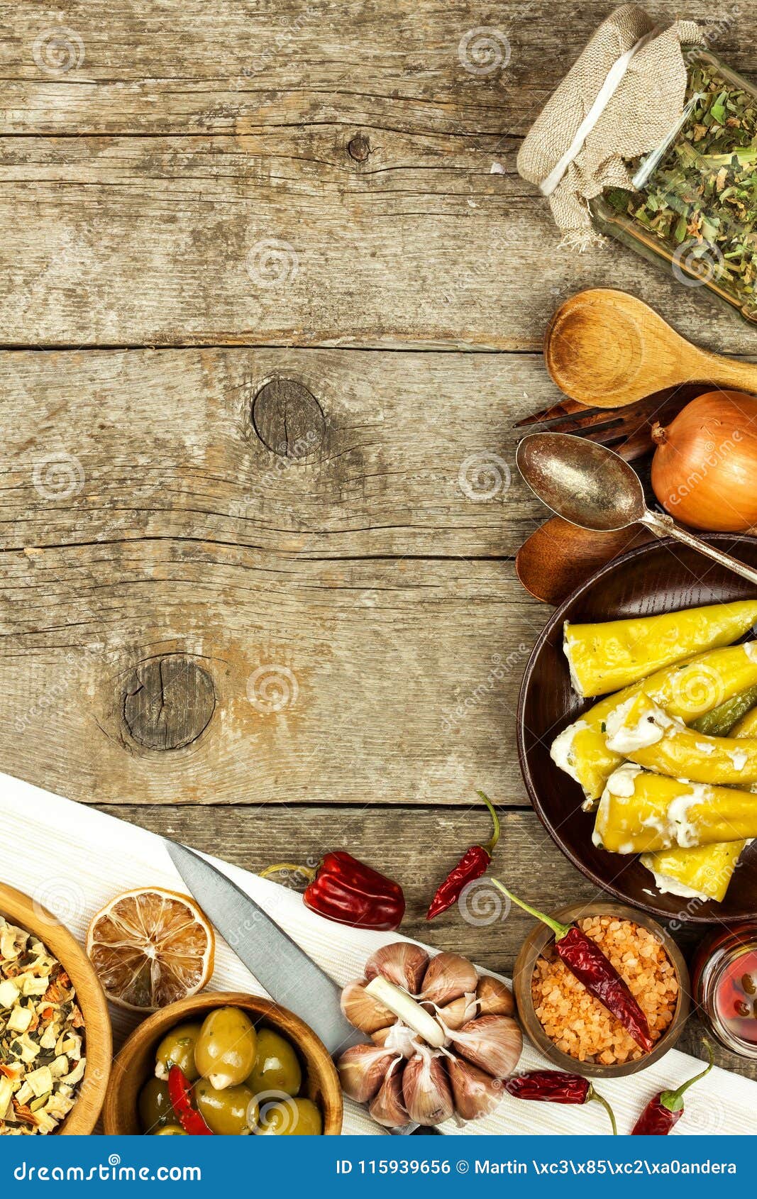 Food Ingredients on a Wooden Background. Place for Text. Restaurant ...