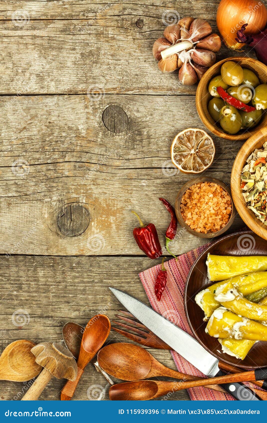Food Ingredients on a Wooden Background. Place for Text. Restaurant ...