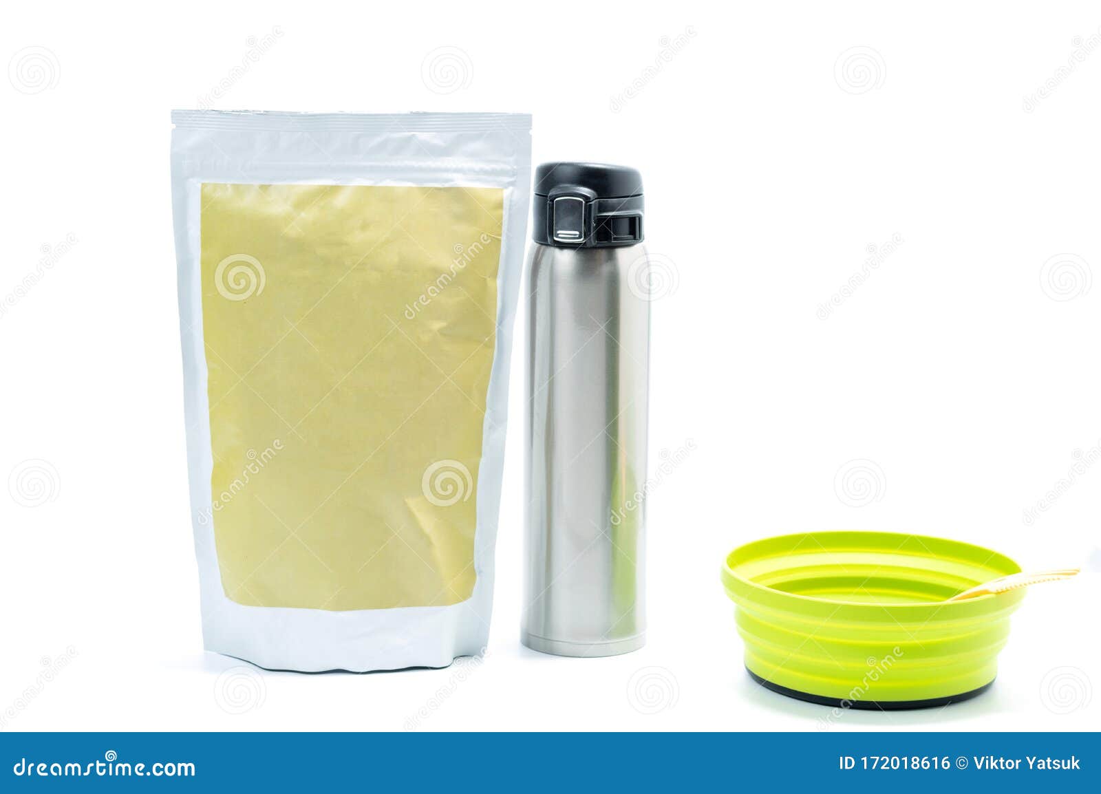 Food in Packaging and Thermos. Thermal Bottle and Packaging Stock