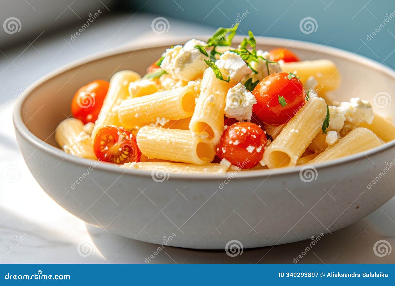 food photography, a bowl filled with homemade feta pasta topped with crumbled cheese and cherry tomatoes, set against a