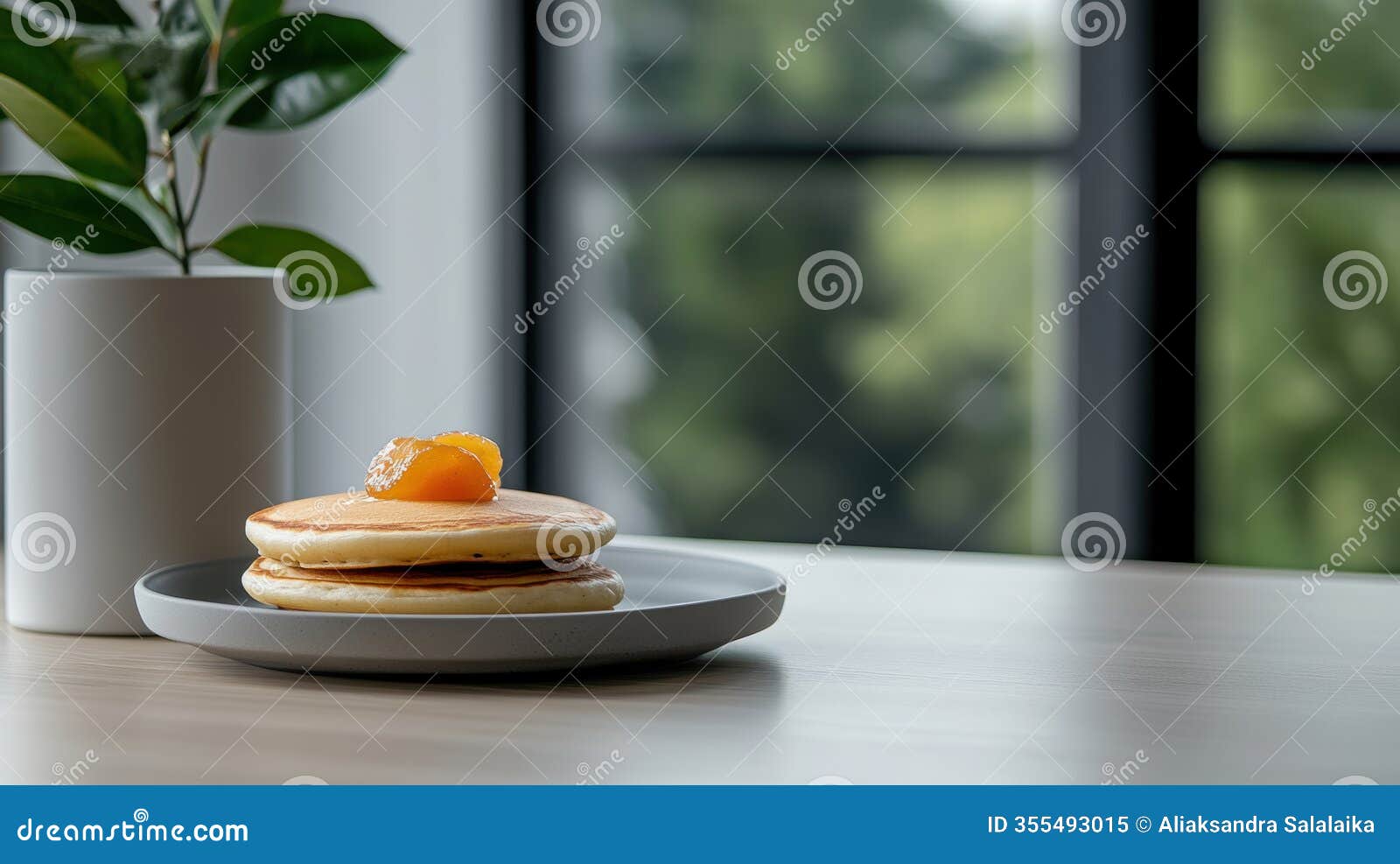 food photography, yogurt pancakes with fruit compote on a scandinavian kitchen table, set against big windows and a