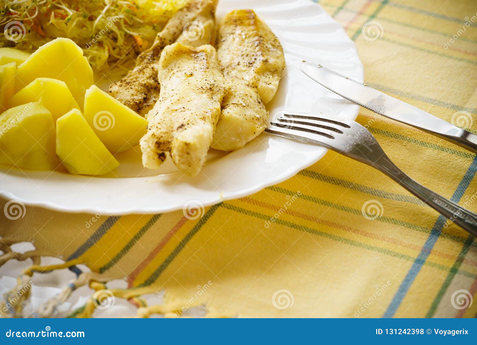 Dinner Meal Fish with Salad and Potatoes Stock Photo - Image of fish
