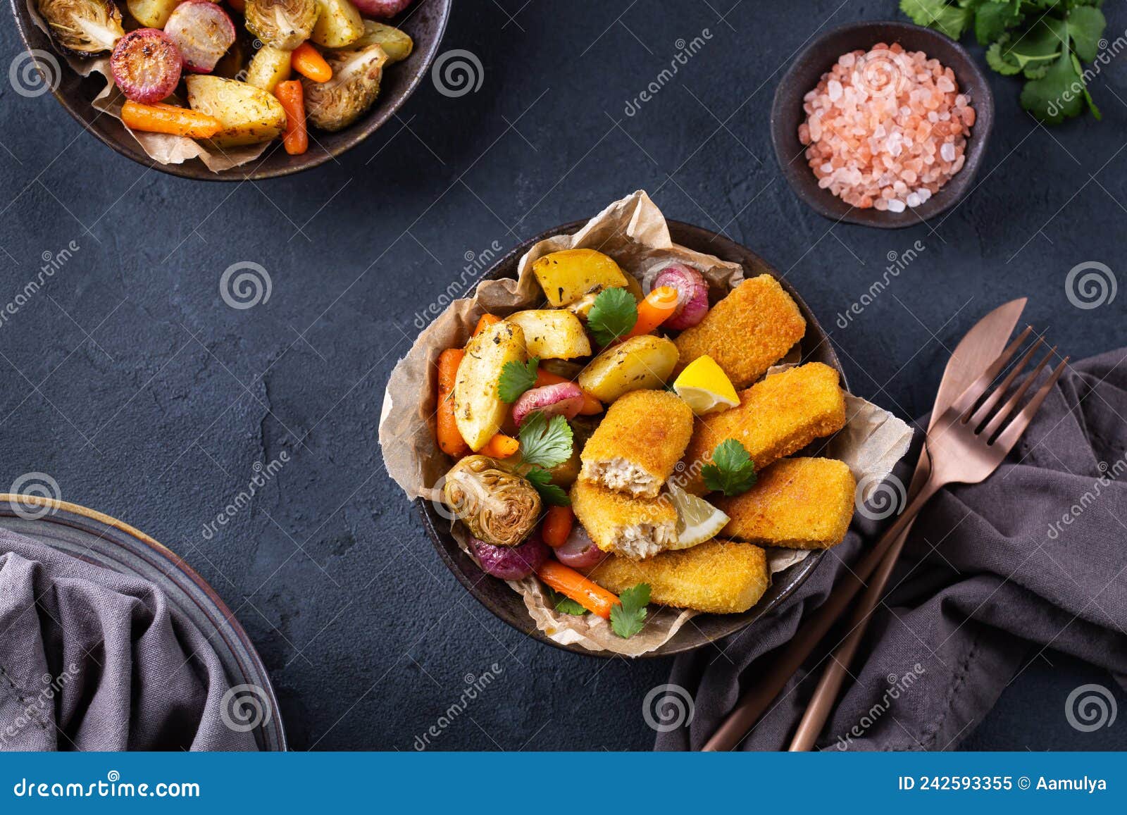 vegan plant based fish, fishless fingers with roasted vegetables