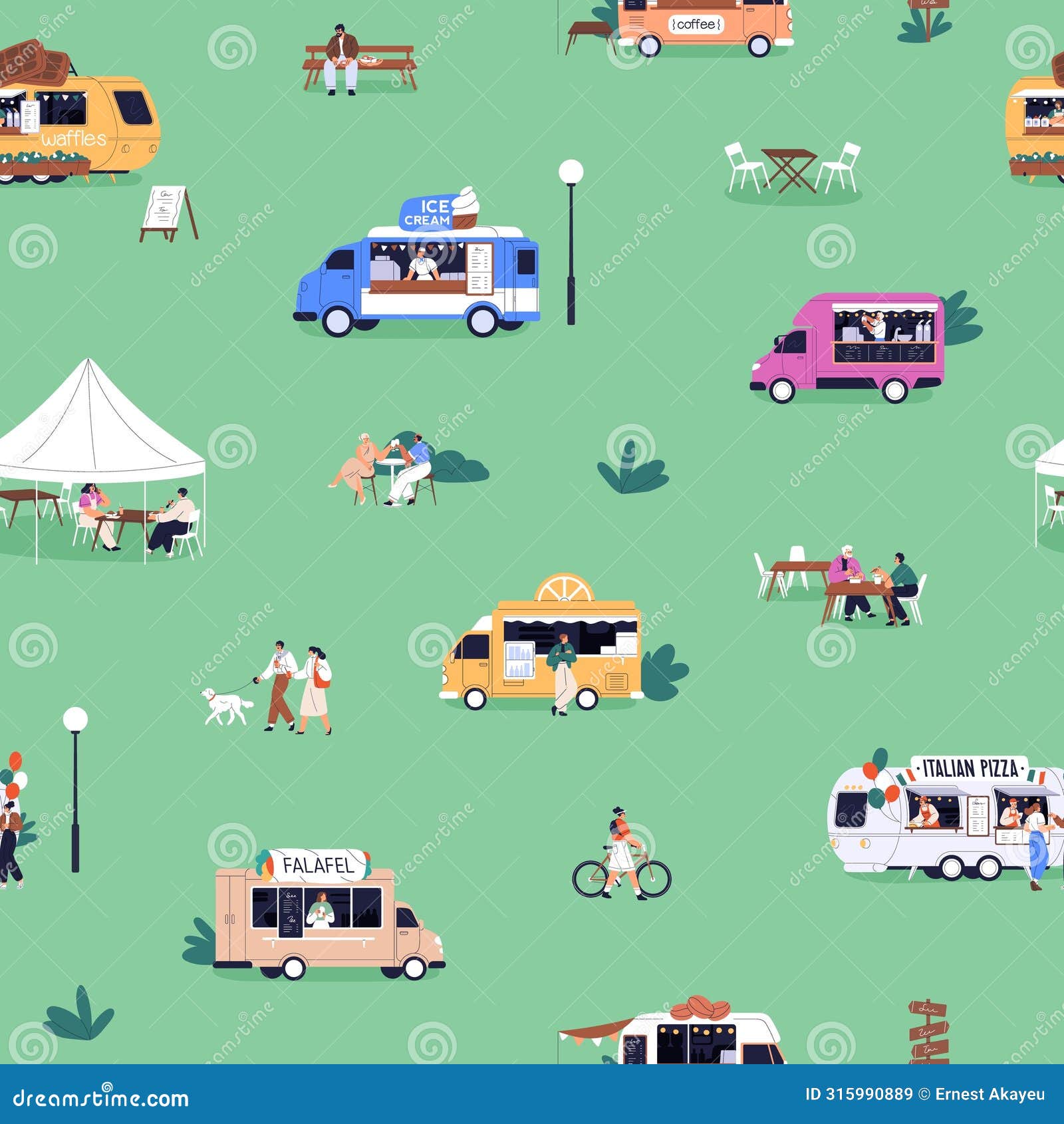 food trucks at outdoor festival, seamless pattern. summer fest with trailers, wheeled cafes, caravans, endless