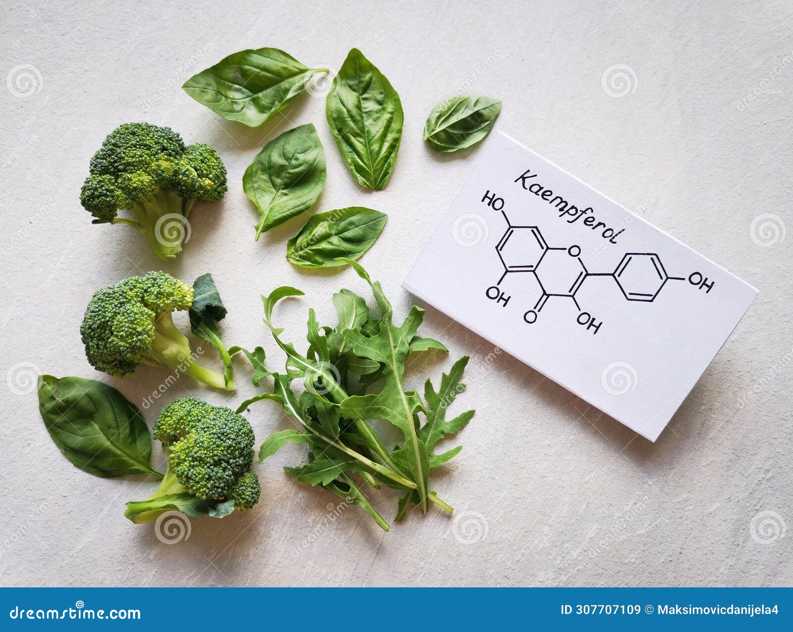 foods rich in kaempferol include spinach, broccoli, arugula. structural chemical formula of kaempferol.