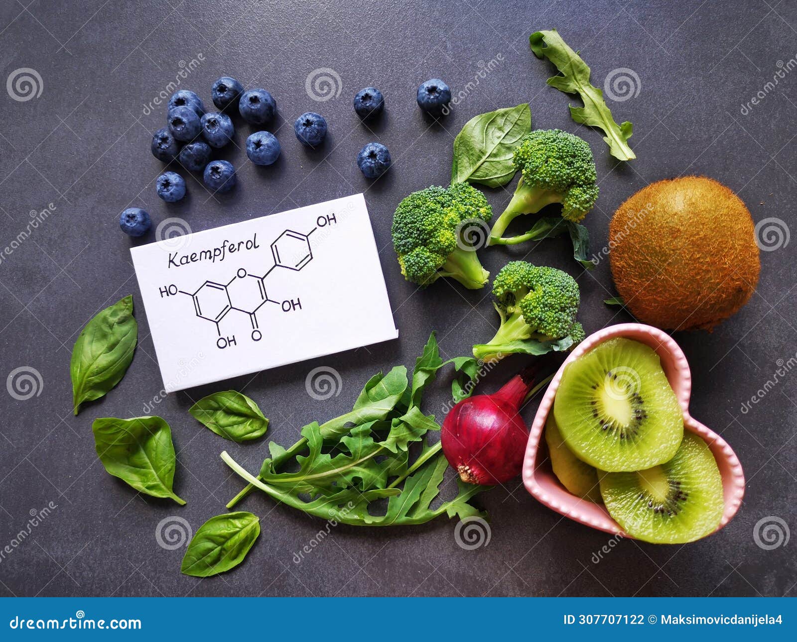 foods rich in kaempferol include spinach, broccoli, red onion, arugula, kiwi, blueberries. chemical formula of kaempferol.