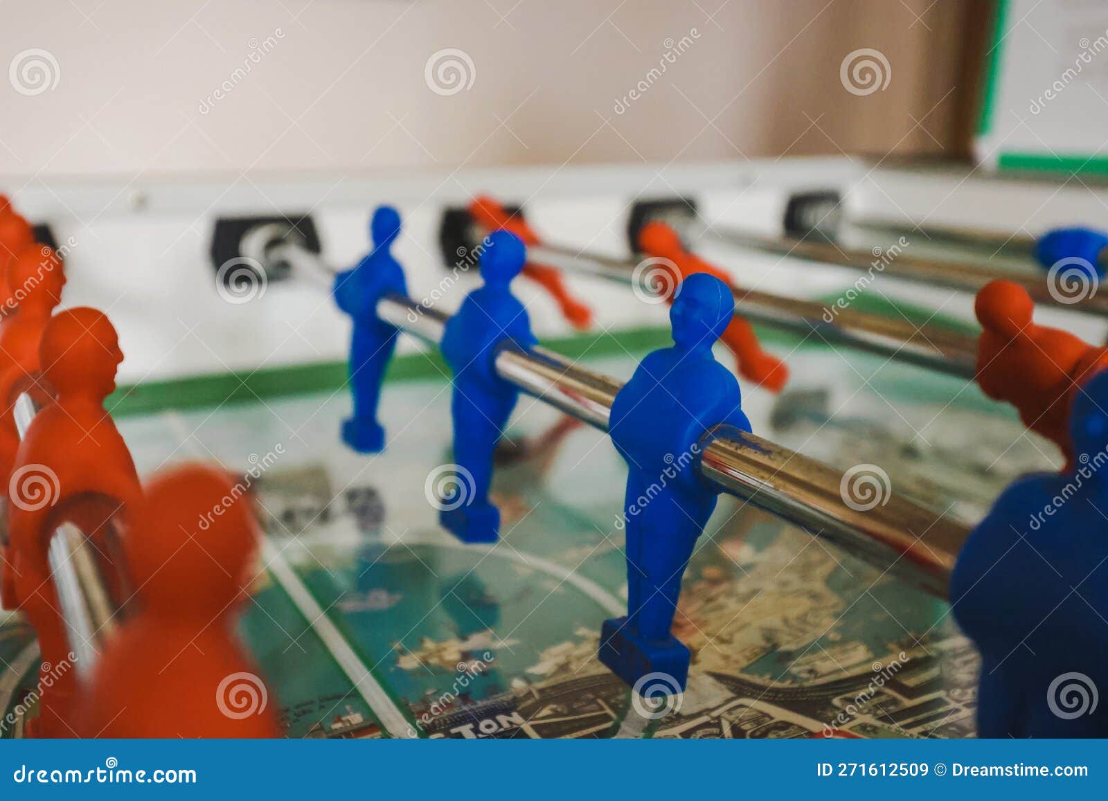 Foosball Table Soccer Close Up of Red and Blue Characters Stock Image Image of home, football