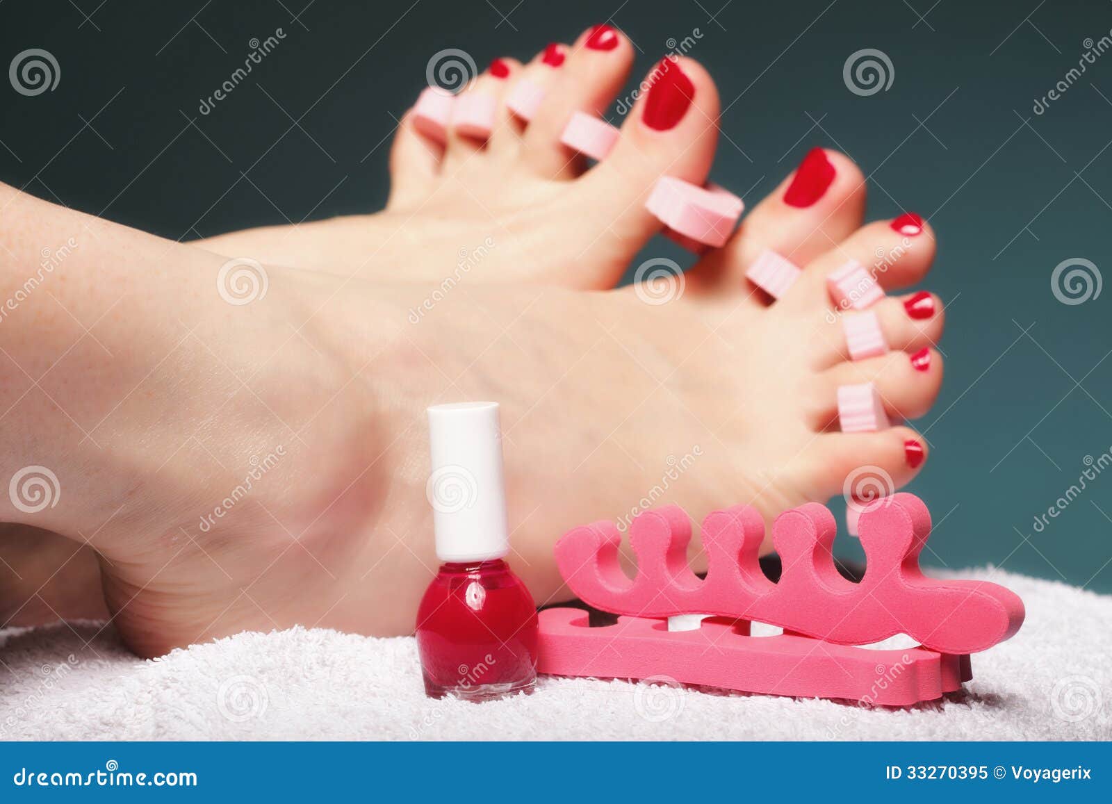 Foot Pedicure Applying Red Toenails on Blue Stock Image - Image of ...