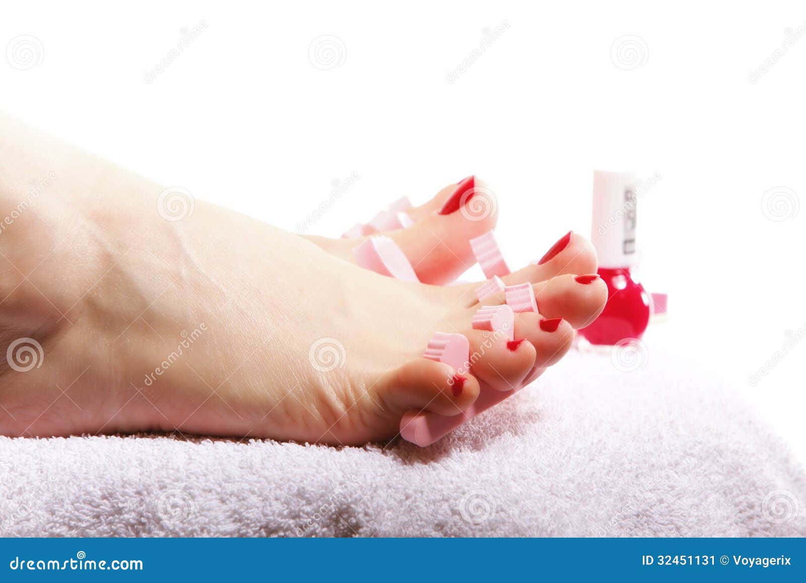 Foot Pedicure Applying Red Toenails On White Stock Image - Image of ...