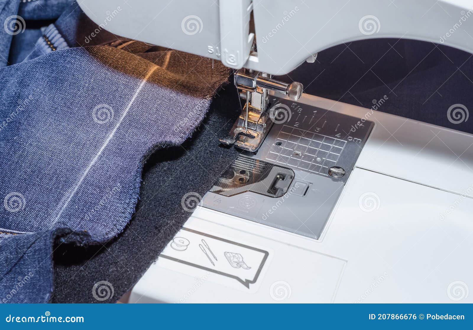 Foot of Sewing Machine on Jeans Fabric Stock Photo Image of needle