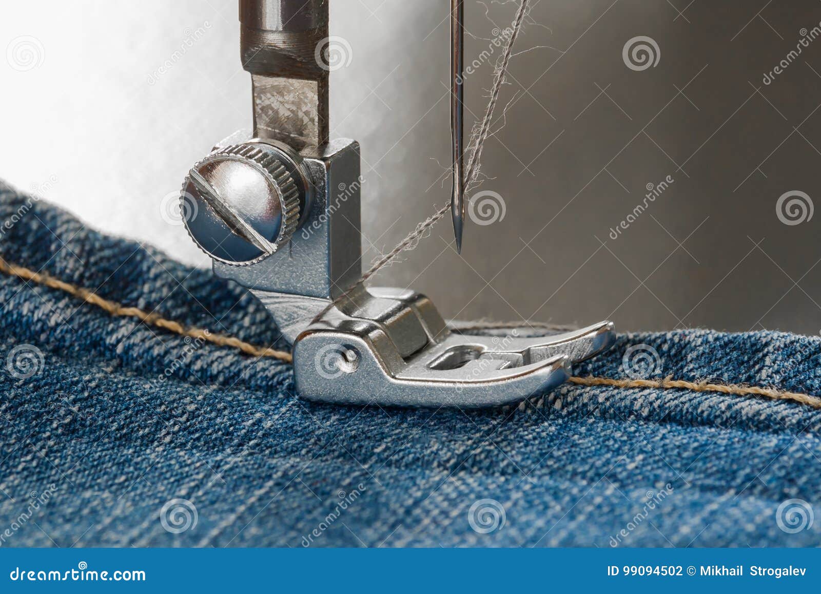 Foot of Sewing Machine on Jeans Fabric Stock Photo Image of domestic