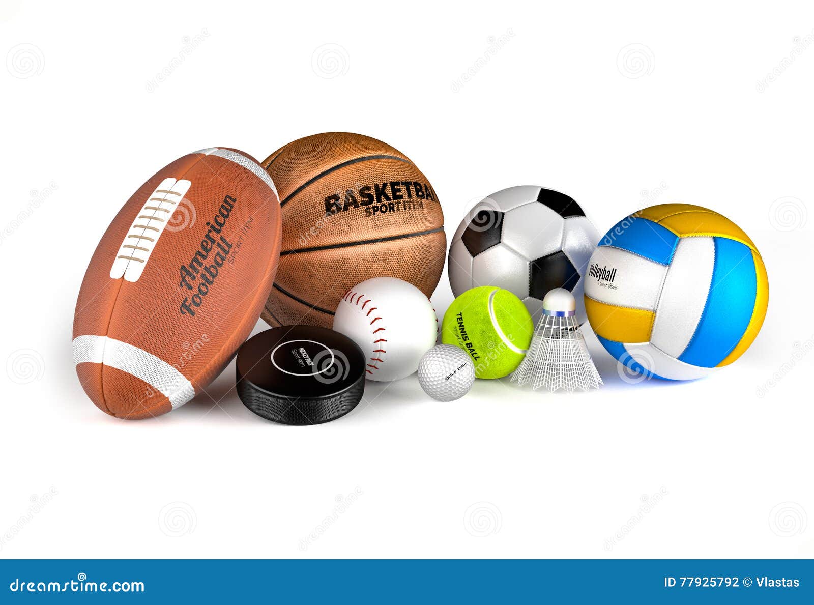 Realistic sport balls clubs. 3d isolated sport games accessories, detailed  tennis racket, baseball bat, badminton shuttlecock, hockey stick and puck,  football and rugby ball utter vector set Stock Vector