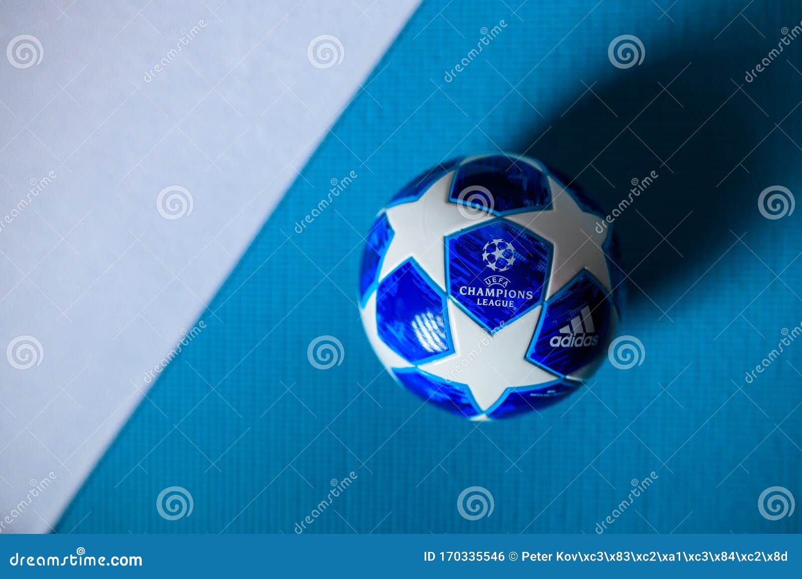 Football Champions League Ball, Blue Background, White Edit Space Editorial  Photo - Image of broadcast, january: 170335546