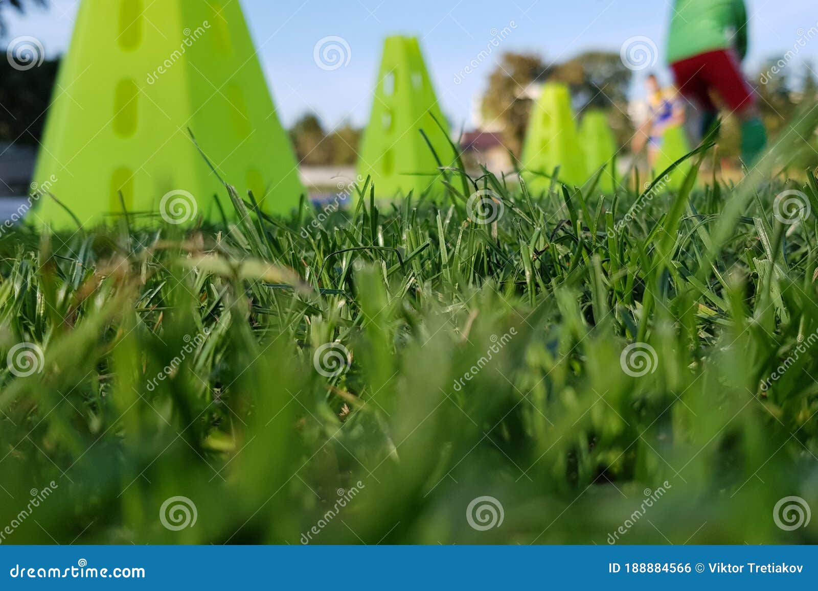 Football Equipment Football Field Training View from Below Stock Photo