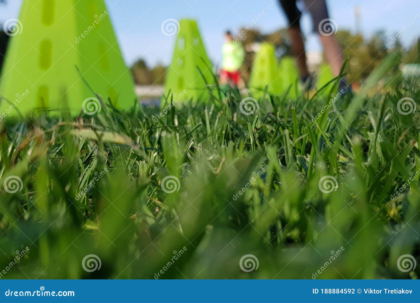 Football Equipment Football Field Training View from Below Stock Photo