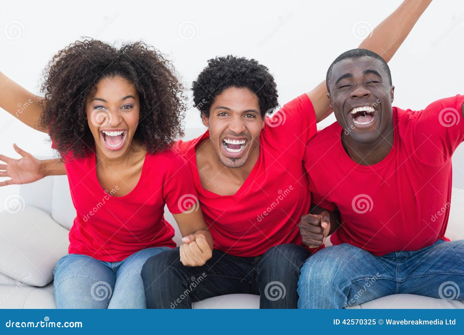 Football Fans in Red Sitting on Couch Cheering Stock Image - Image of ...