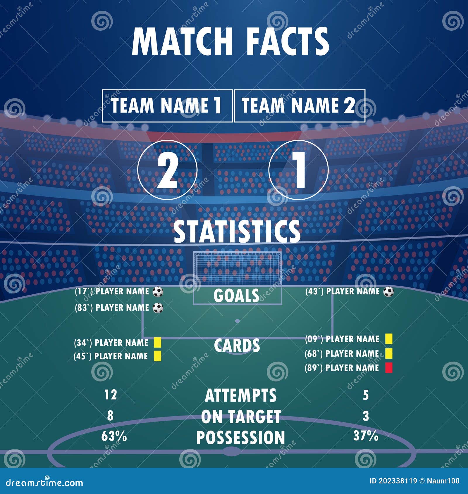 Football Match Statistics. Scoreboard and Stadium with Play Field Stock