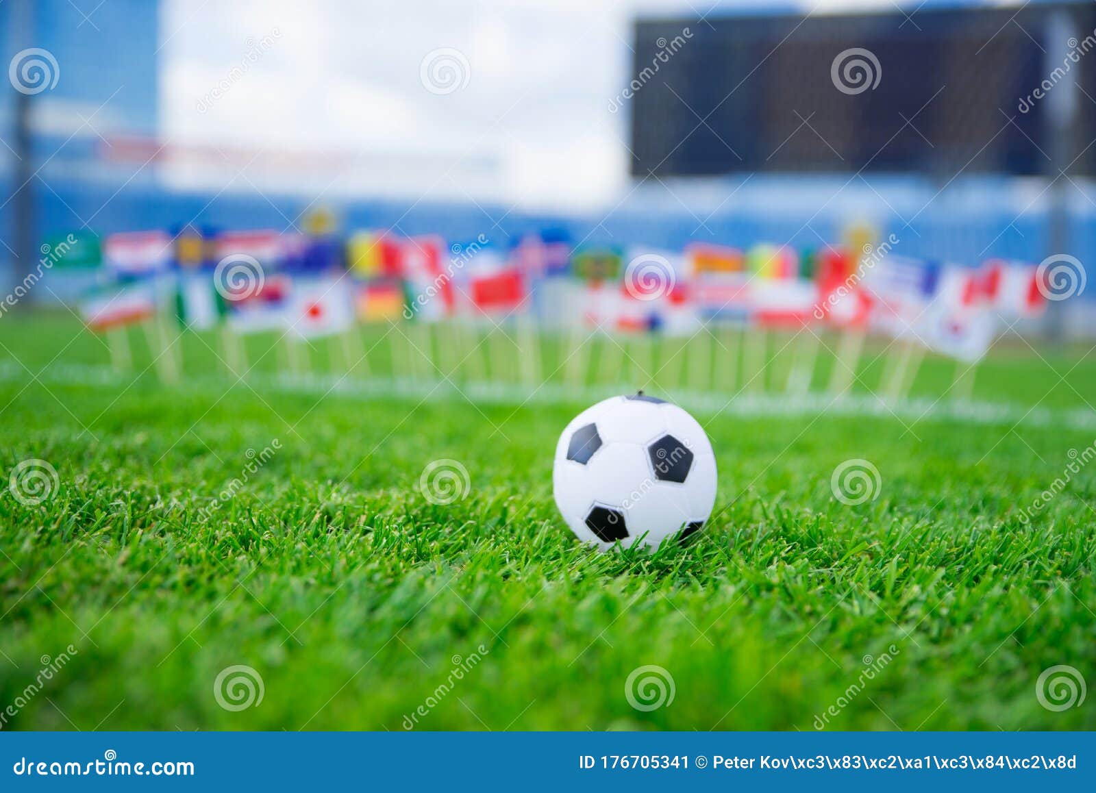 Football Pitch, World Nations Flags, Blue Sky, Football Net in Background.  Sport Photo, Edit Space Stock Illustration - Illustration of argentina,  england: 176705341