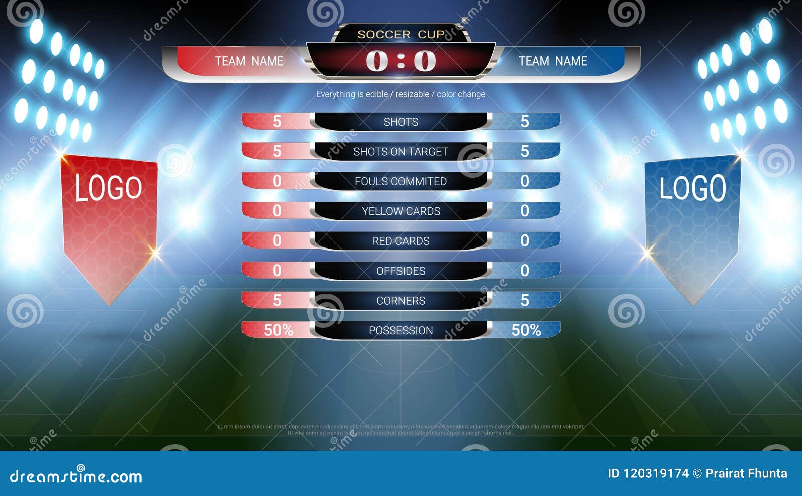 Football Scoreboard Team a Vs Team B and Global Stats Broadcast Graphic Soccer Template, for Your Presentation of the Match Result Stock Vector