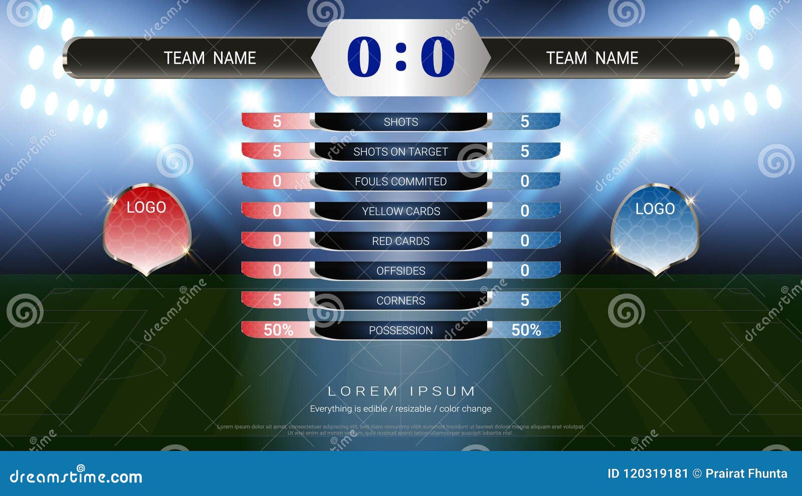 Football Scoreboard Team a Vs Team B and Global Stats Broadcast Graphic Soccer Template, for Your Presentation of the Match Result Stock Vector